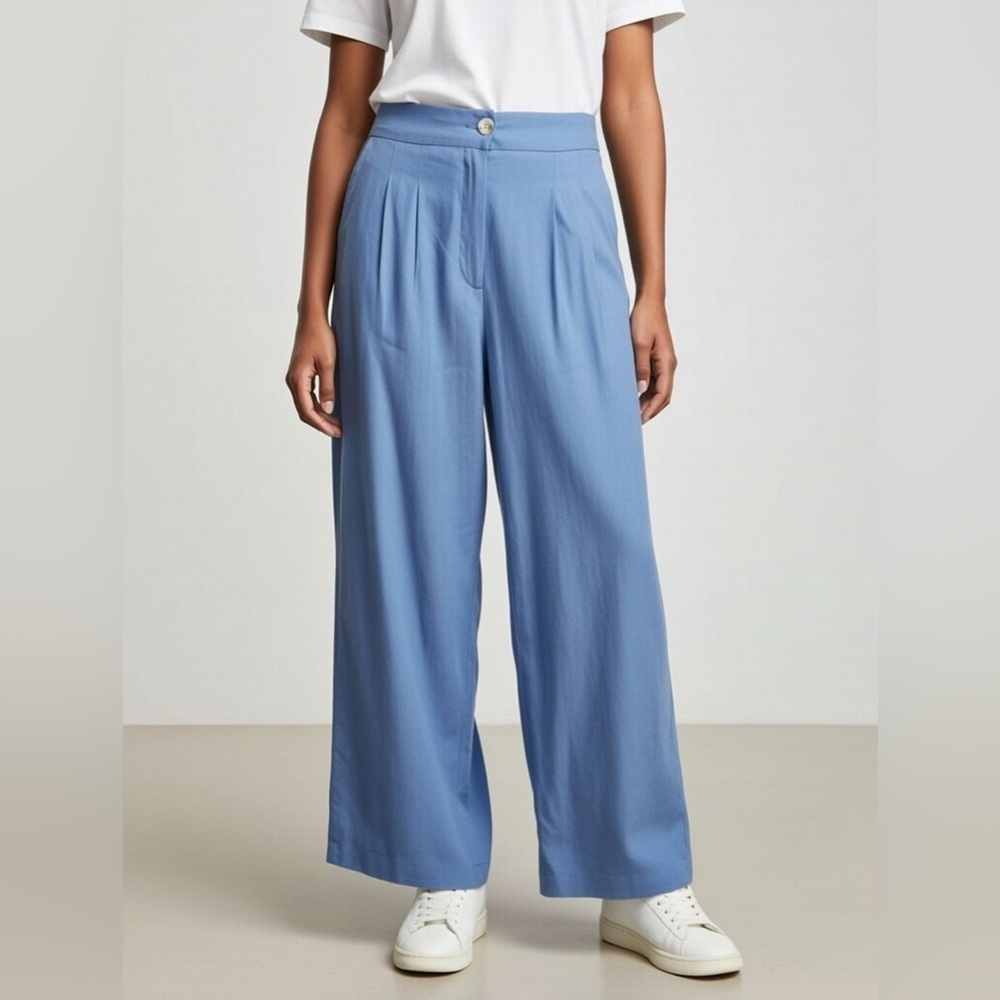 Elie Tahari Blue Linen Wide Legged Trousers, Size 10